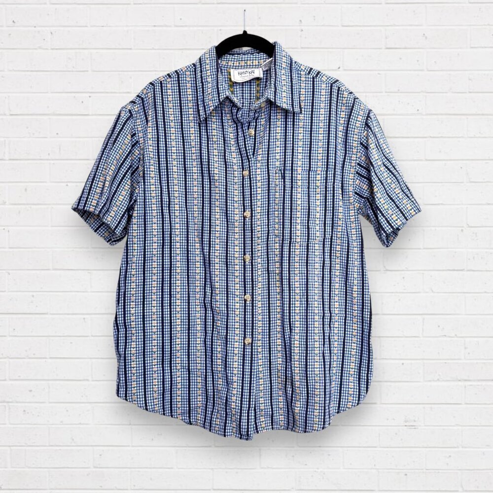 KRAZY KAT Vintage Blue Gingham Floral Button Up Short Sleeve Cottagecore Blouse